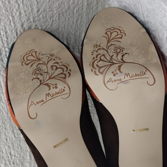 Anne Michelle Flare Brown Multicolored Faux Suede Almond Peep Toe Stiletto Heel - Picture 8 of 16